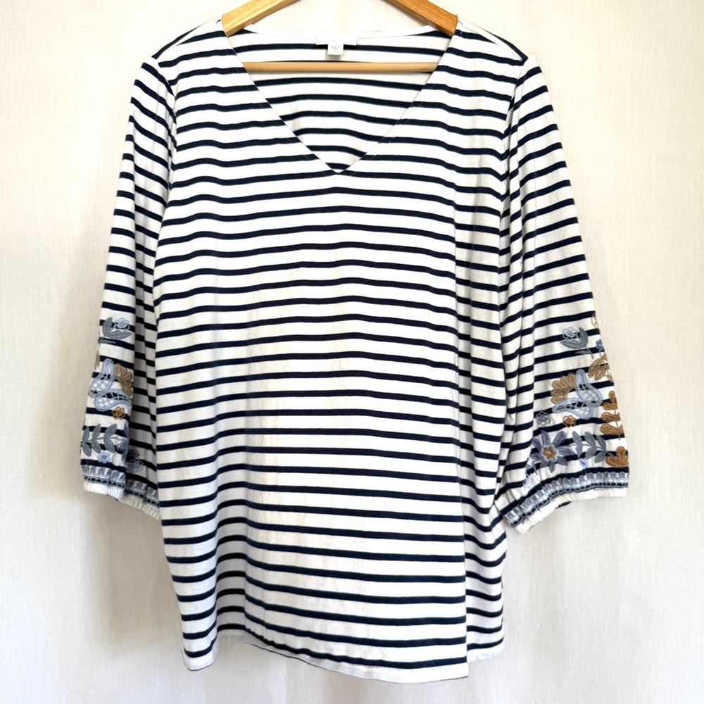 J. Jill Striped V-Neck Women's Top with Embroidered Sleeves